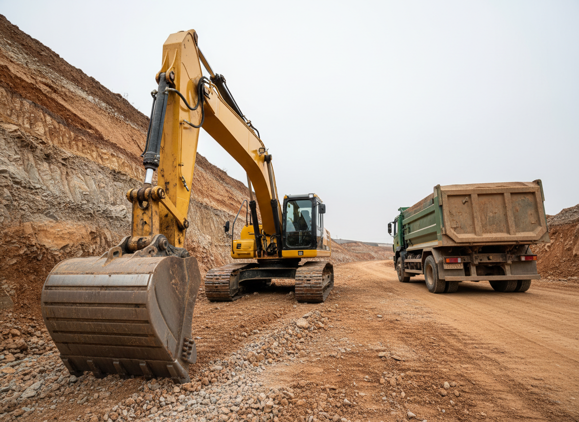 A powerful photographic side view of a bright yellow excavator with a heavy-duty steel bucket, parked beside a deep, freshly dug earthcut on a large construction site. Layers of exposed soil, gravel, and rock show rich brown and gray textures along the excavation wall. In the midground, a rugged dump truck waits on packed dirt, its metal sides slightly dusty. Overhead, diffused overcast light softens the scene, reducing harsh shadows while still defining every bolt, hydraulic hose, and tread pattern. The composition uses a low-angle perspective to emphasize strength and capability, with sharp focus throughout. The overall mood is robust and industrial, conveying efficiency and expertise in excavation and earthmoving in a clean, realistic photographic style suited for service detail pages.